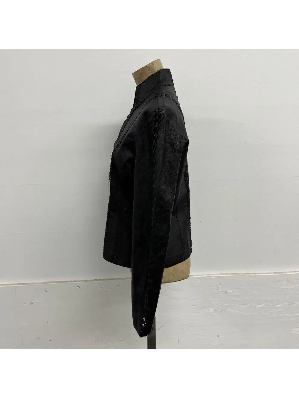 Vintage Black Braided Detail Y2K Avant Garde Leather Jacket - Picture 5 of 8